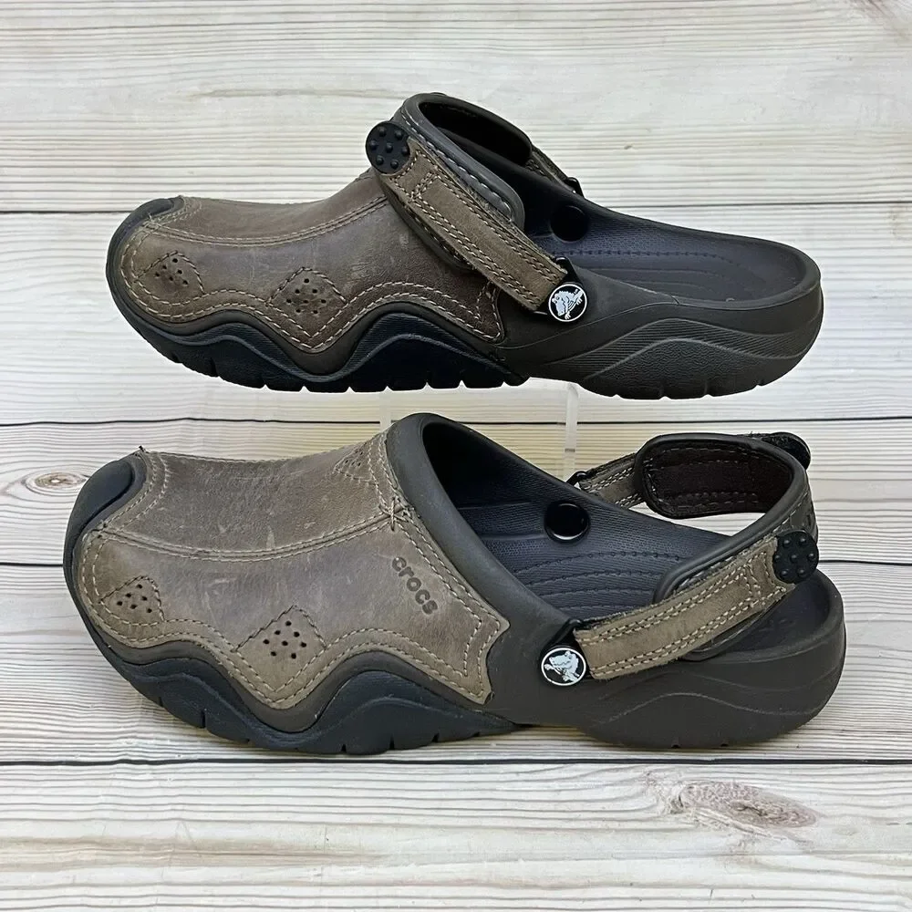 CROCS Swiftwater Sandals Mens 9 Brown Leather Slip-On Clogs Adjustable Strap